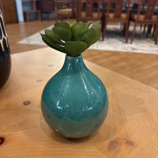 Small Teal Vase with Faux Plant SMALLS