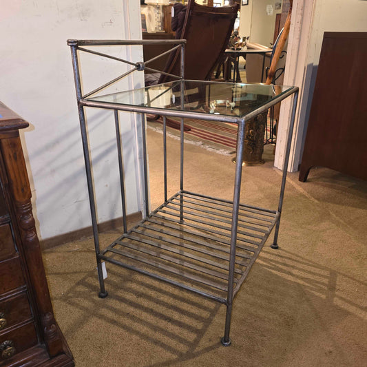Metal Frame Glass Top Slatted End Table