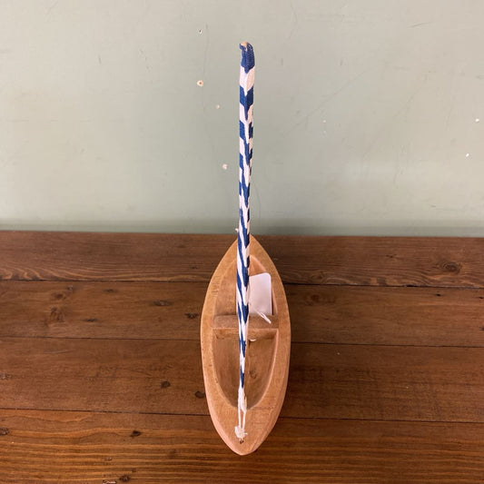 Wooden Boat w/ Blue & White Striped Sail