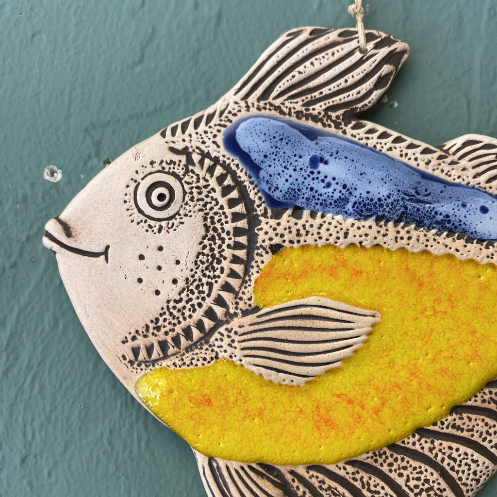 Handmade Ceramic Blue & Yellow Fish Hanging Decor ART