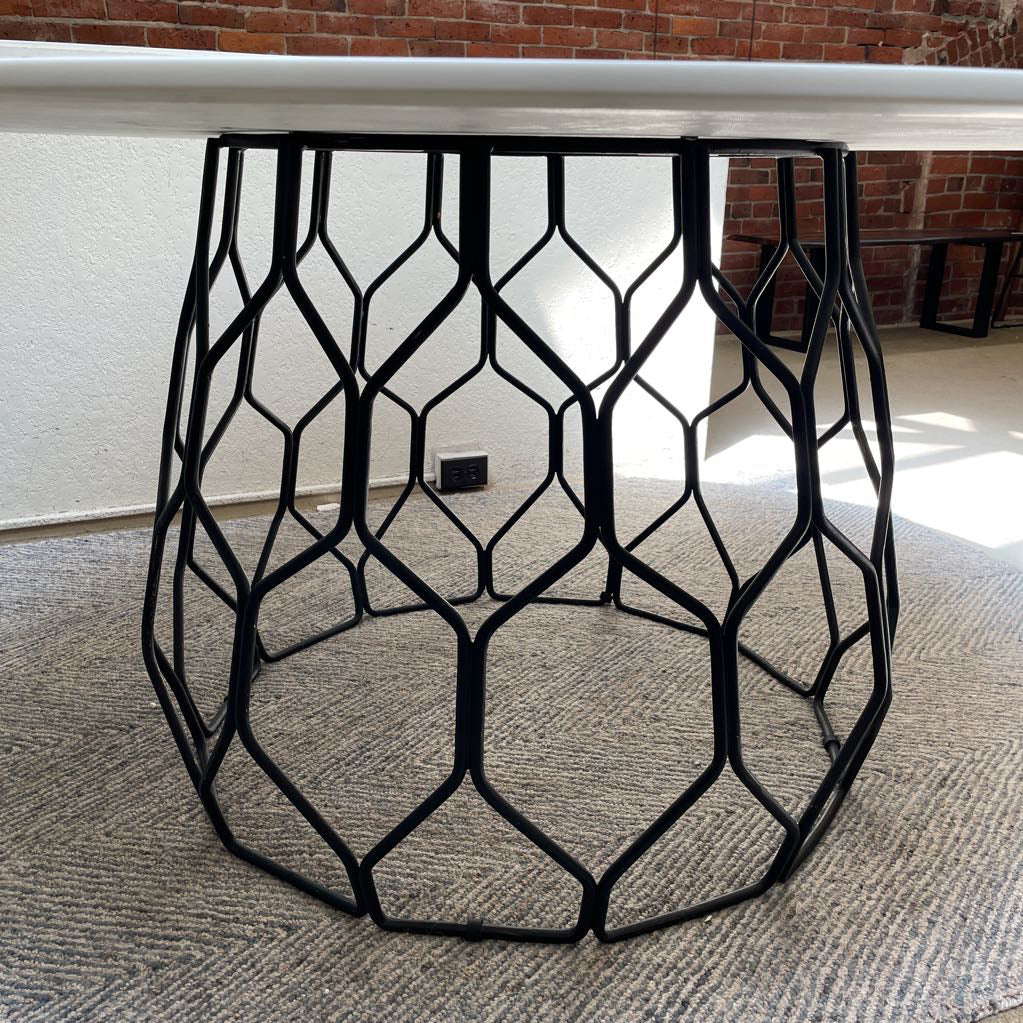 CB2 Metal Cage Base Round Top Marble Dining Table