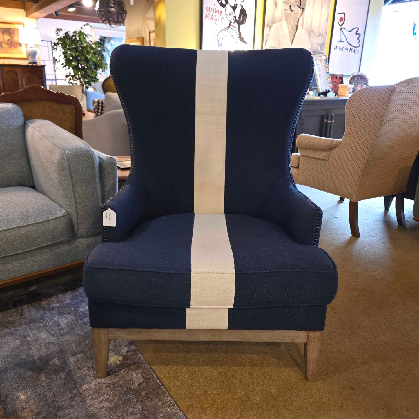 Blue Studded White Stripe Wingback Chair