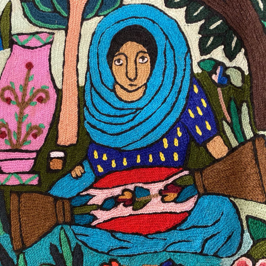 Vintage Hand Embroidered Village Scene Tapestry ART