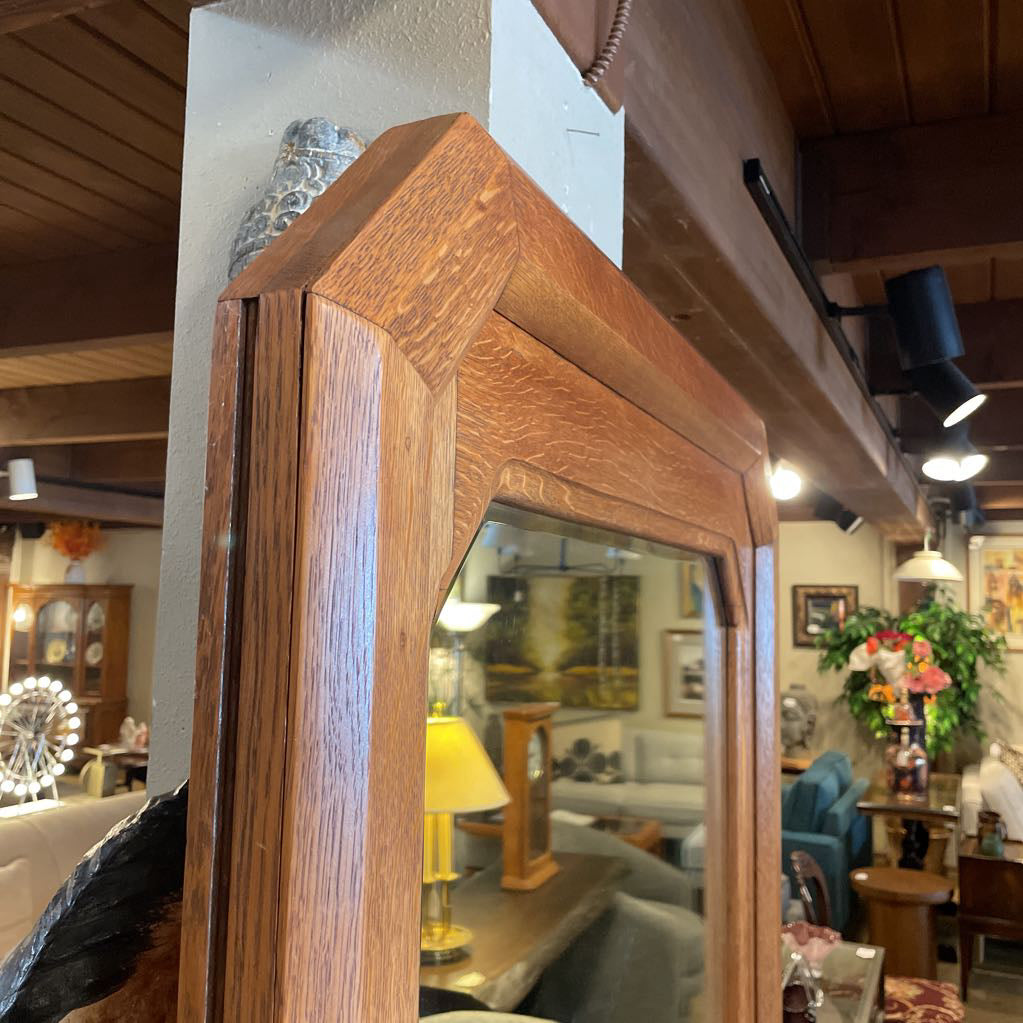 Antique Oak Beveled Mirror with Seat Storage C MIRRORS