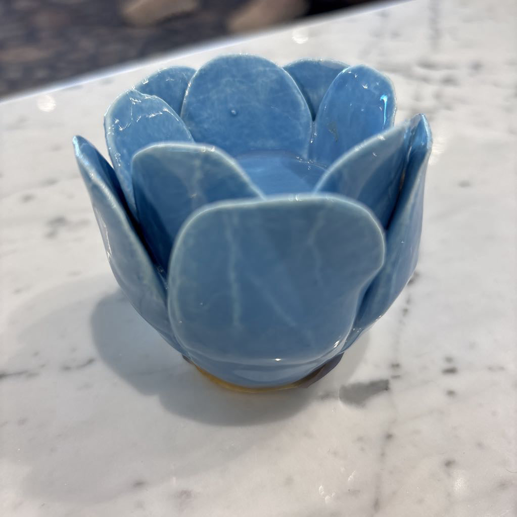 Blue Ceramic Flower Candle Holder