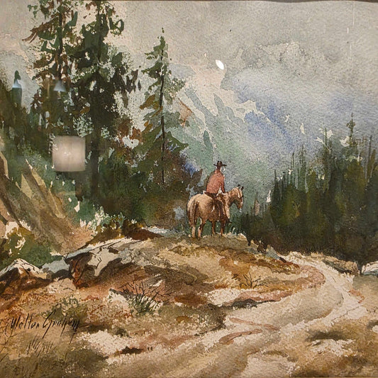 Solo Horseback Rider in Mountains Watercolor