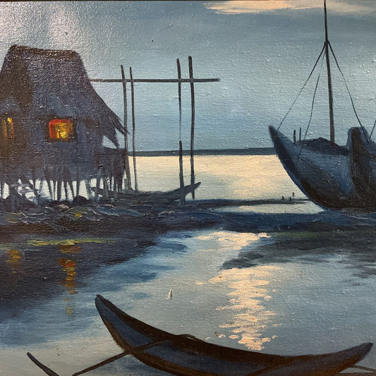 Blue Boats in Gold Faux Bamboo Frame ART