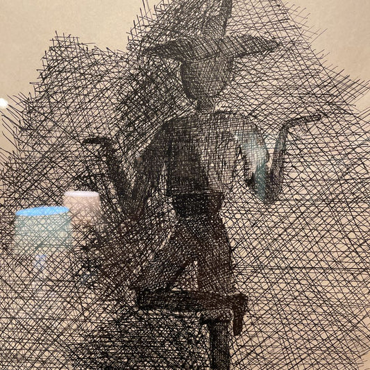 Crisscross Ink Drawing of Dancer in Conical Hat ART