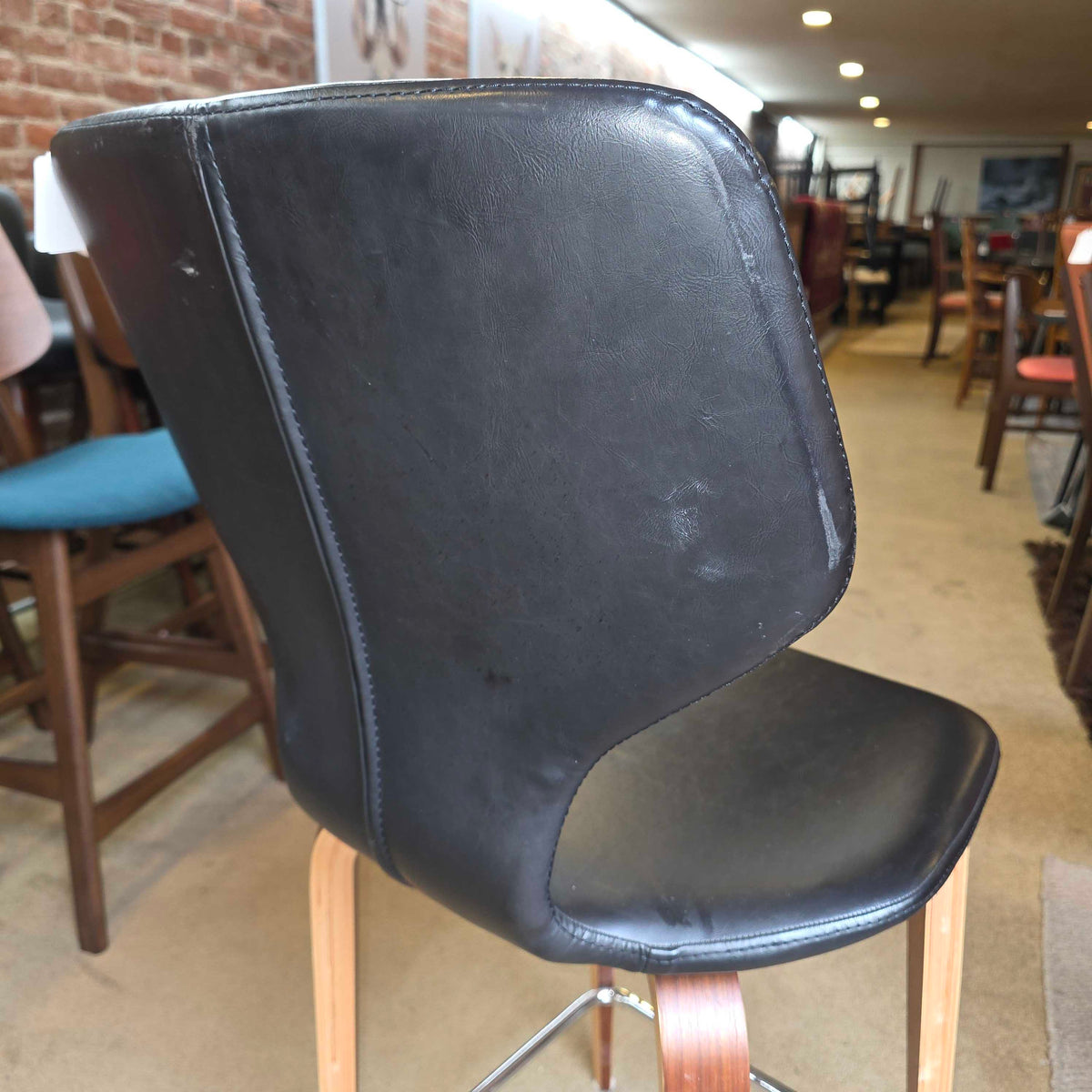 Room and Board Black Leather Seat and Back with Wooden Legs Stool