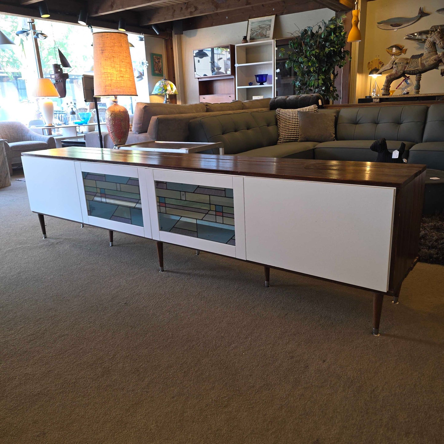 Long Low Media Cabinet with Faux Stain Glass Doors