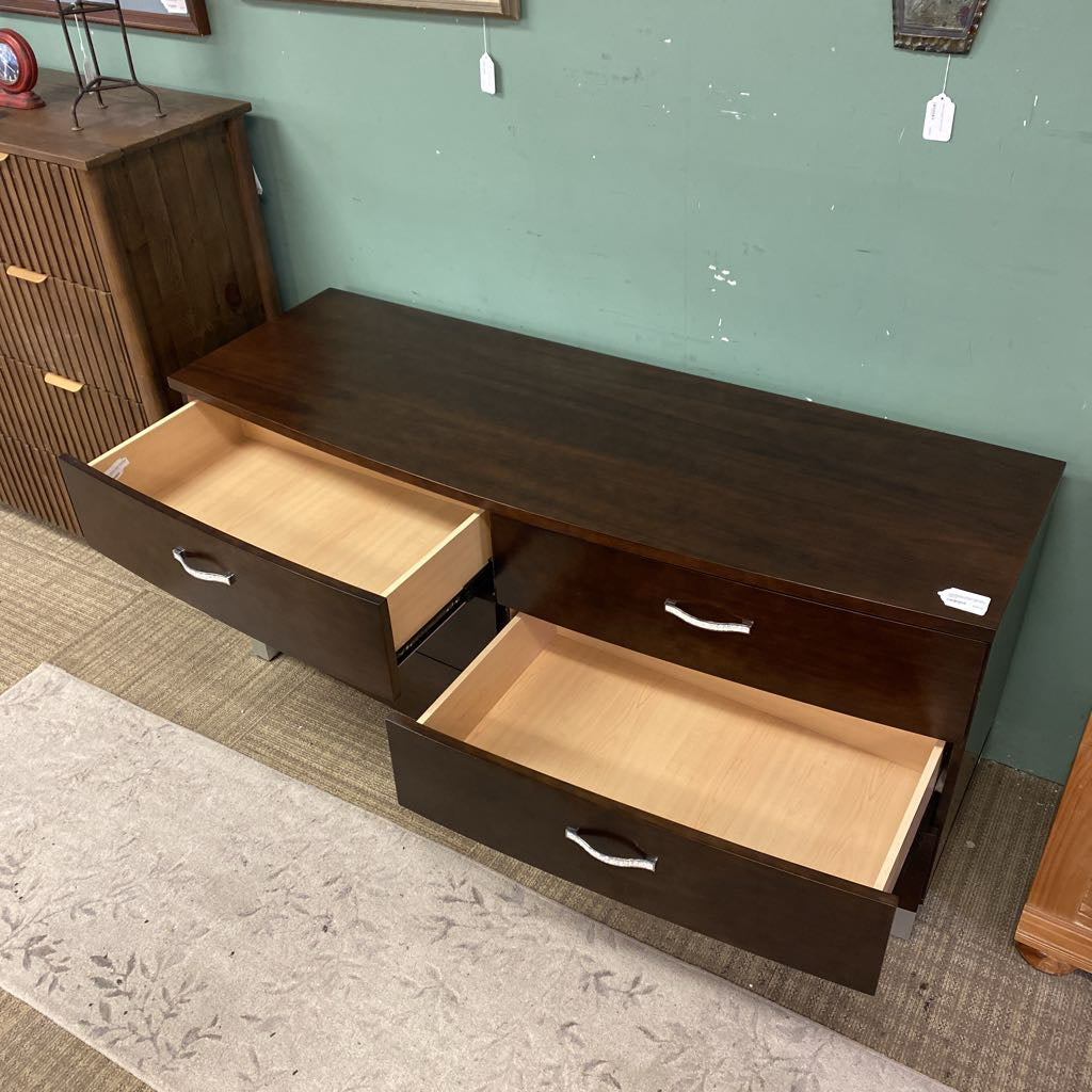 Contemporary Curved Front Dark Wood Double Dresser w/Bedazzled Pulls