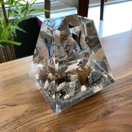 Vintage Obelisk Lucite Ducks on the Beach Paperweight