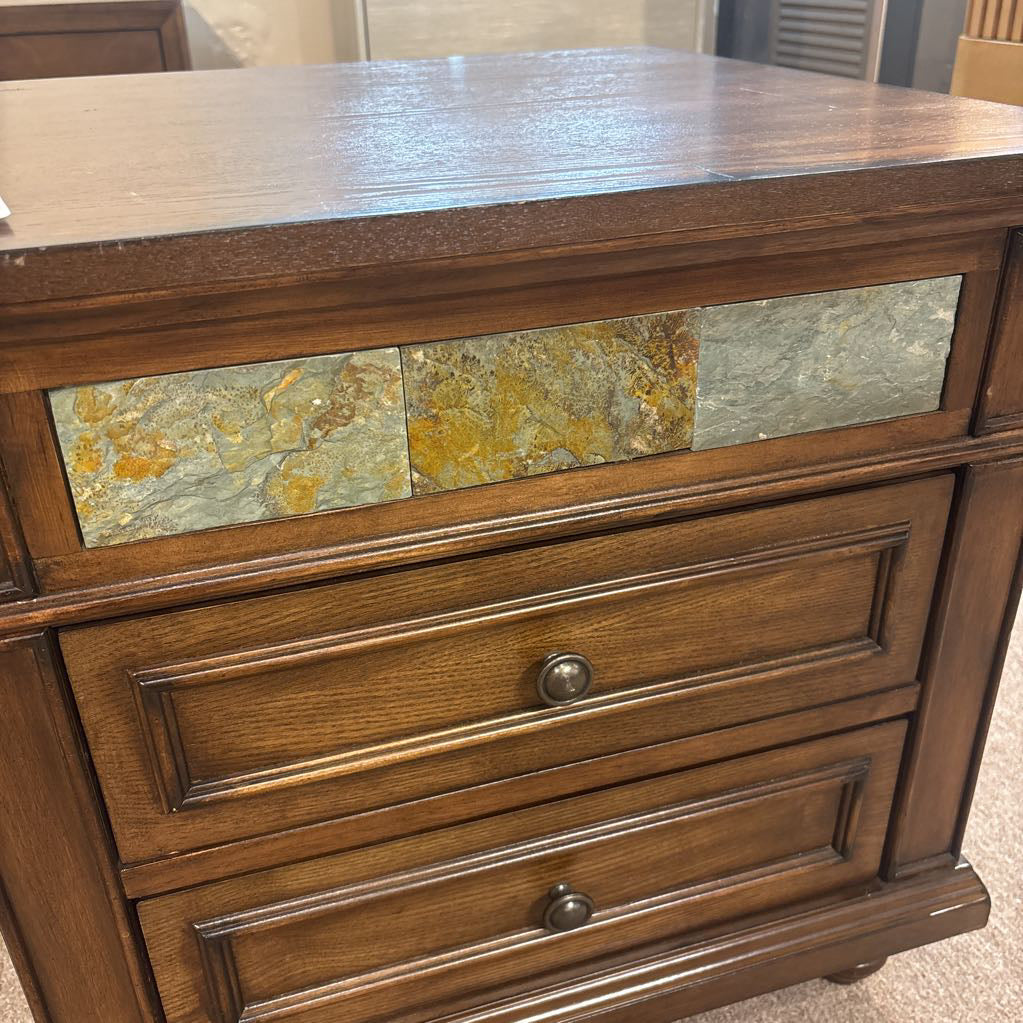 Dark Wood Stone Inlay Nightstand