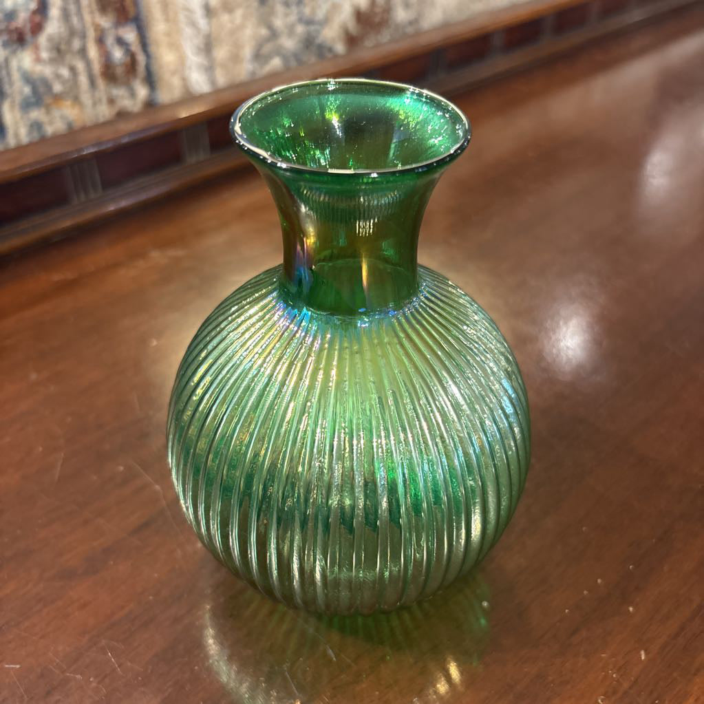 Iridescent Ribbed Blue Green Glass Vase