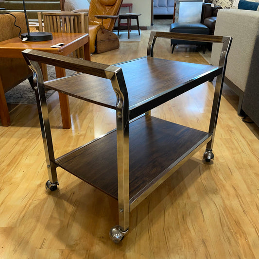 Chrome Walnut Veneer Rolling Bar Cart AS IS