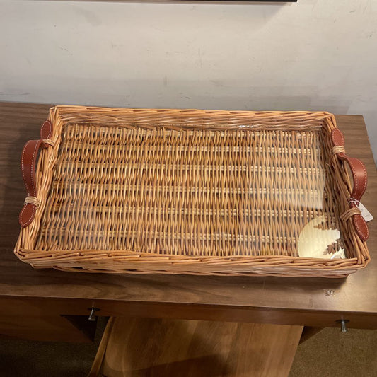 Woven Wicker Tray w/ Leather Handles and Glass Bottom SMALLS