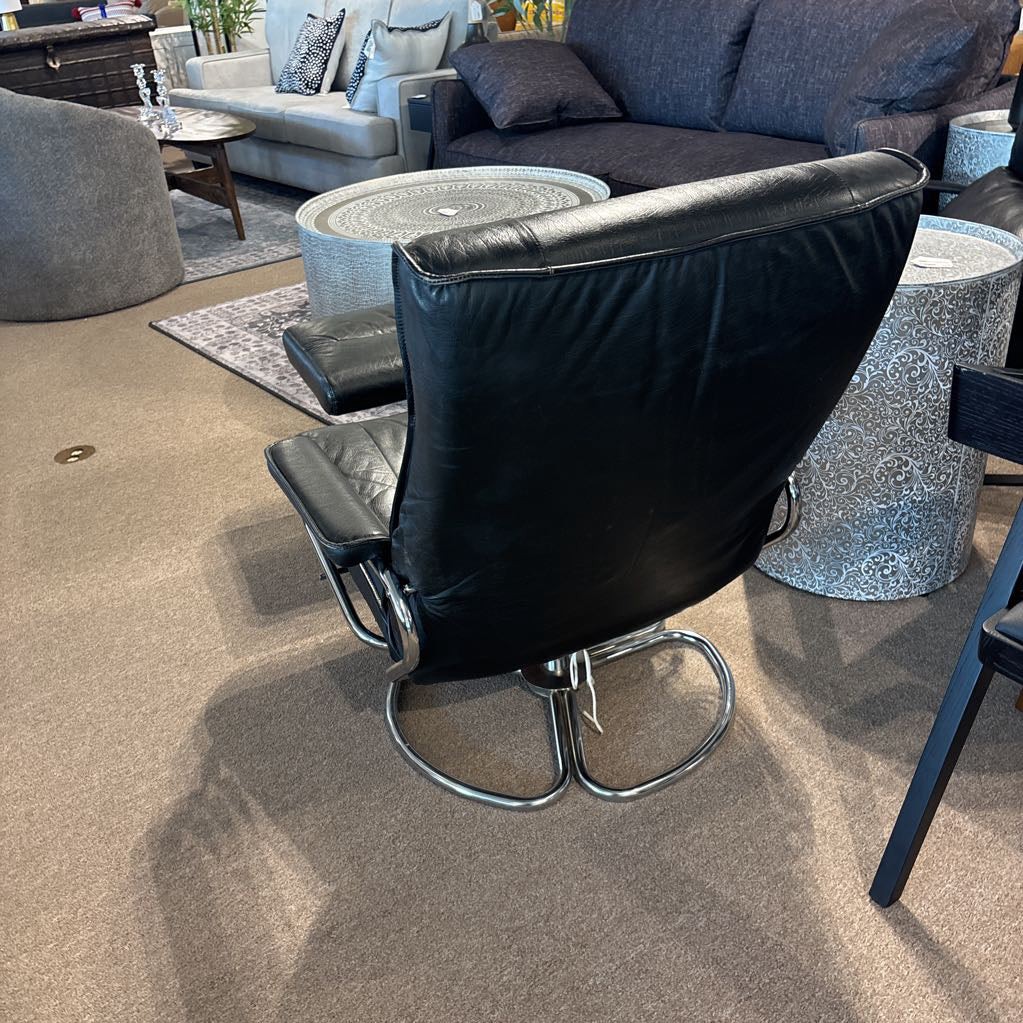 Danish Genuine Black Leather Recliner w/Ottoman
