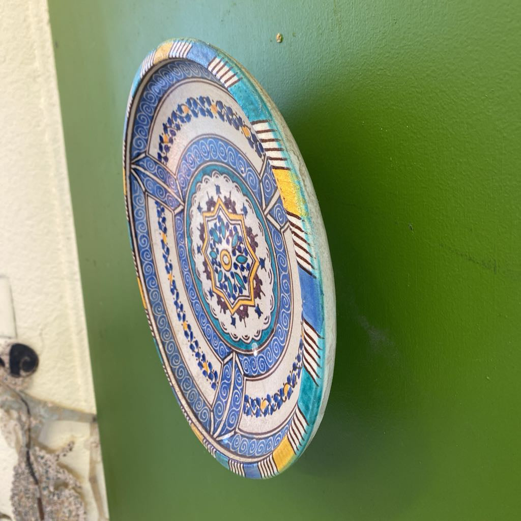 Moroccan Blue Yellow Medallion Pottery Plate Art
