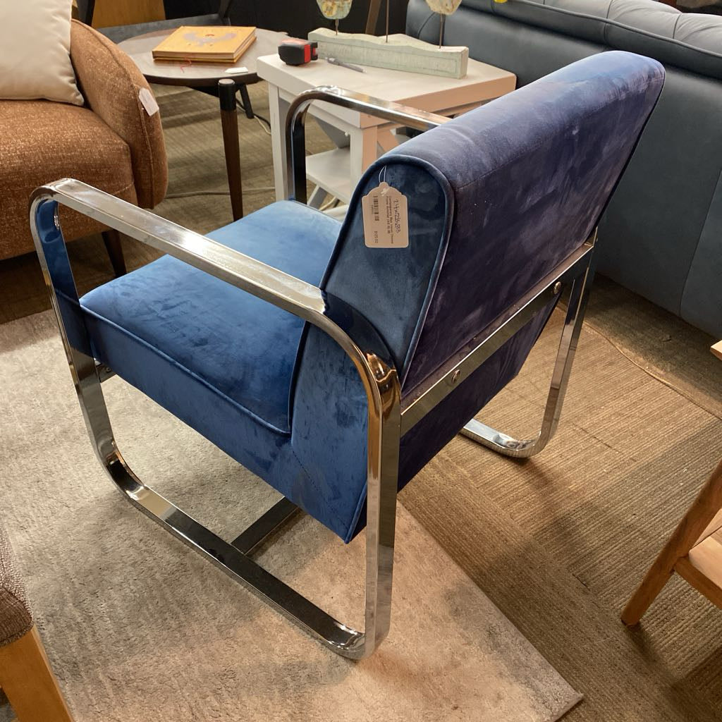 Contemporary Blue Velvet Chrome Frame Armchair (AS IS)