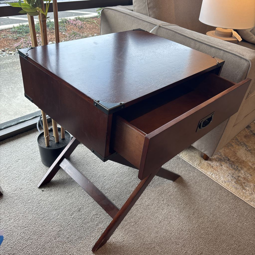 Dark Wood Metal Brackets X-Base Legs 1 Drawer Side Table