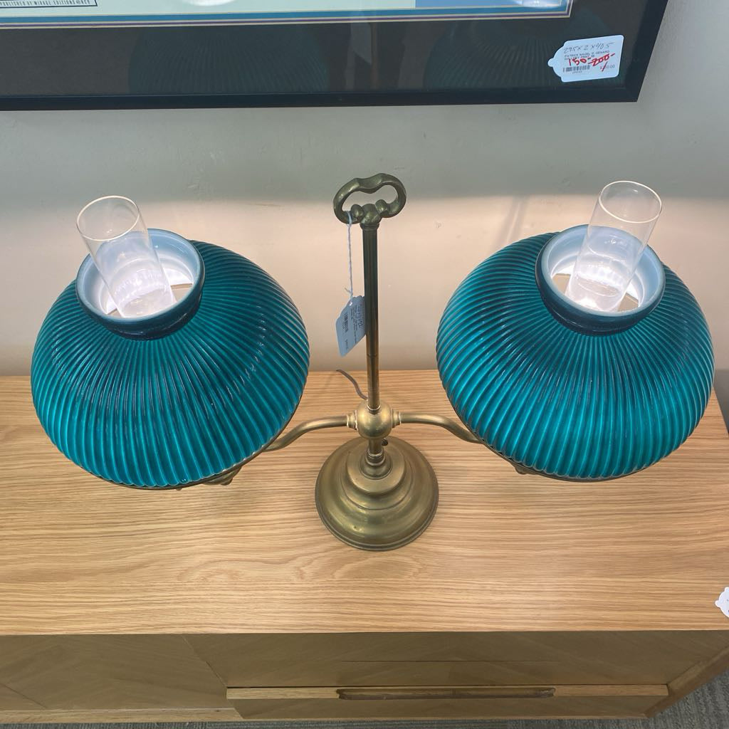 Antique Two Light Brass Hurricane Lamp w/Dark Green Glass Shades