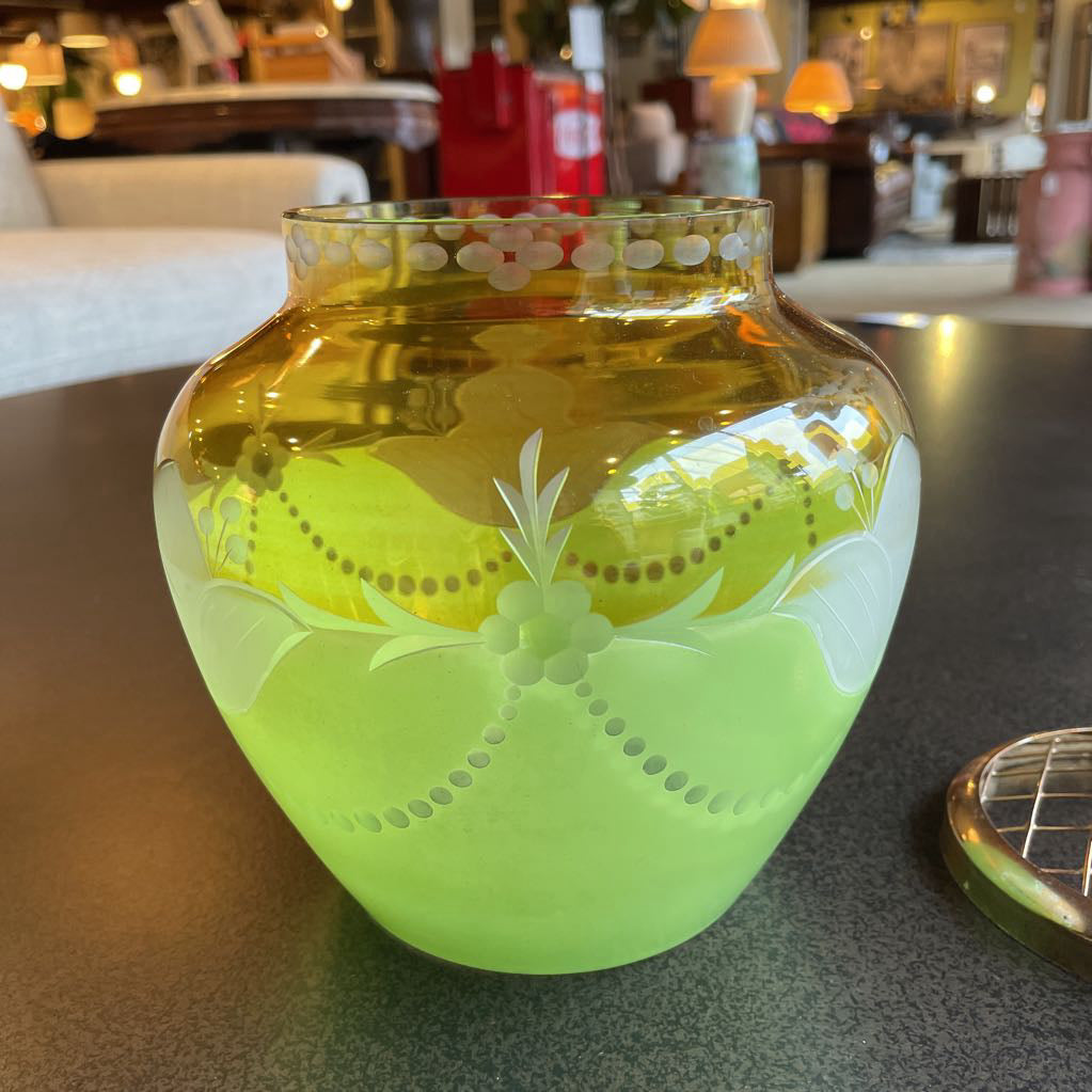 Vint. Green & Amber Etched Vase w/ Brass "Frog" Top