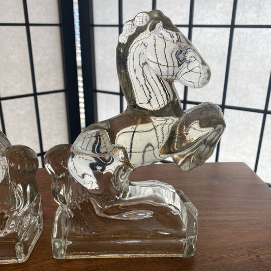 Vintage Clear Glass Horses Bookends PAIR SMALLS