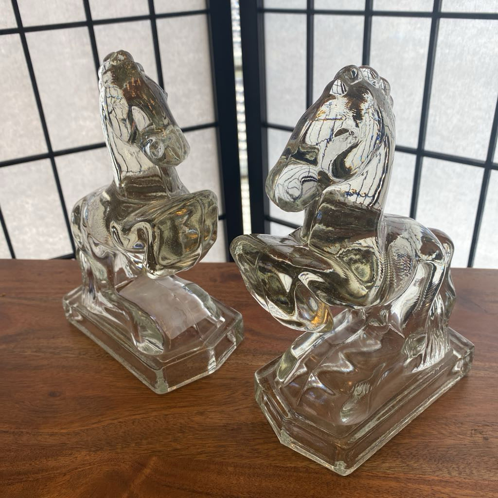 Vintage Clear Glass Horses Bookends PAIR