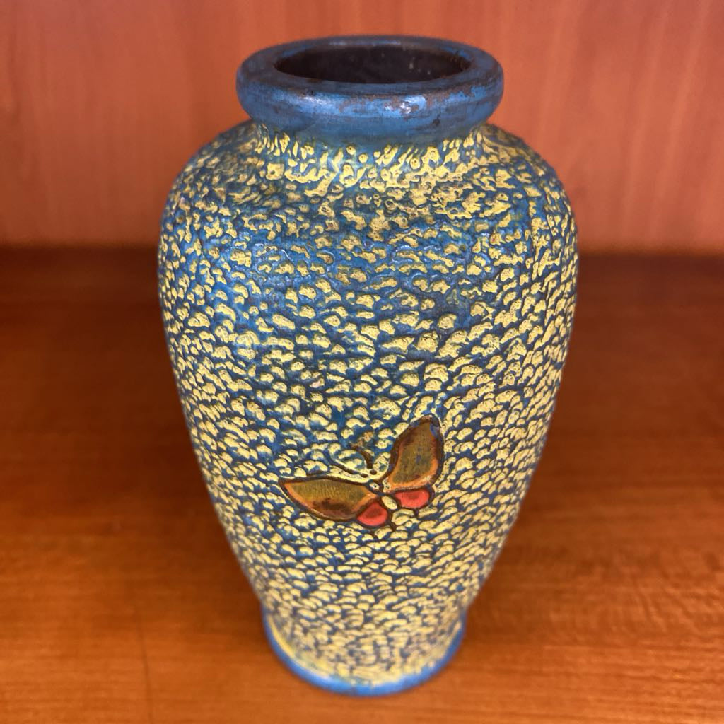 Small Blue Yellow & Red Japanese Birdie Bud Vase
