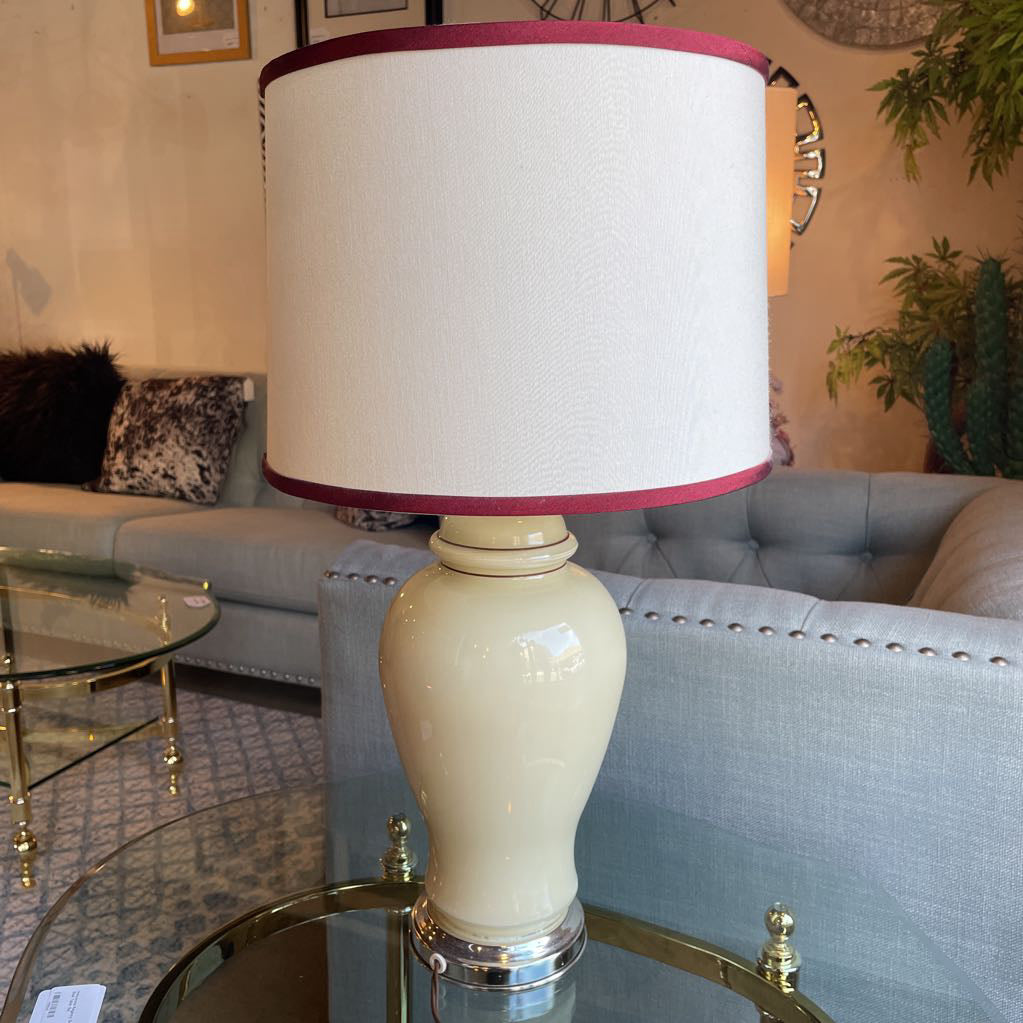 Ecru Glass Vessel Table Lamp w Red Trim Shade LAMPS