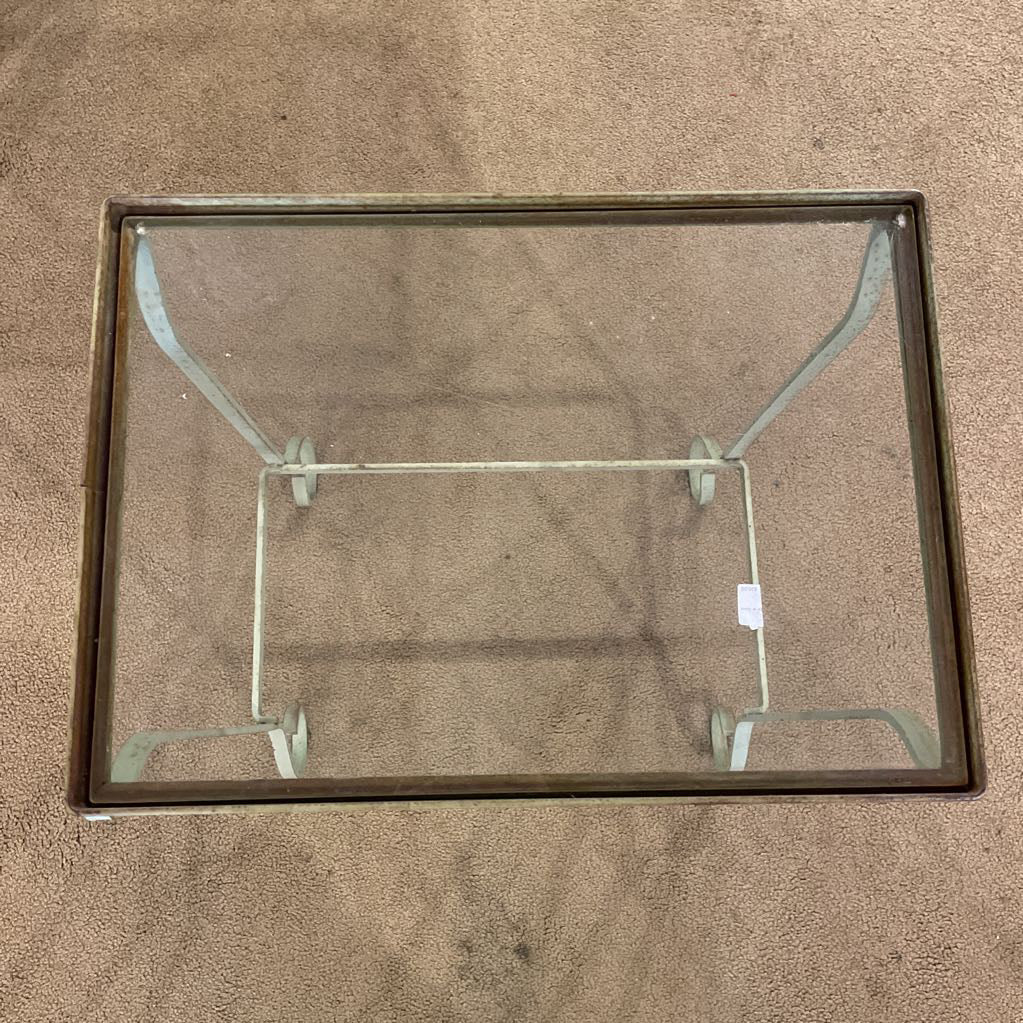 Small Green Curved Metal w Glass Top Plant Stand
