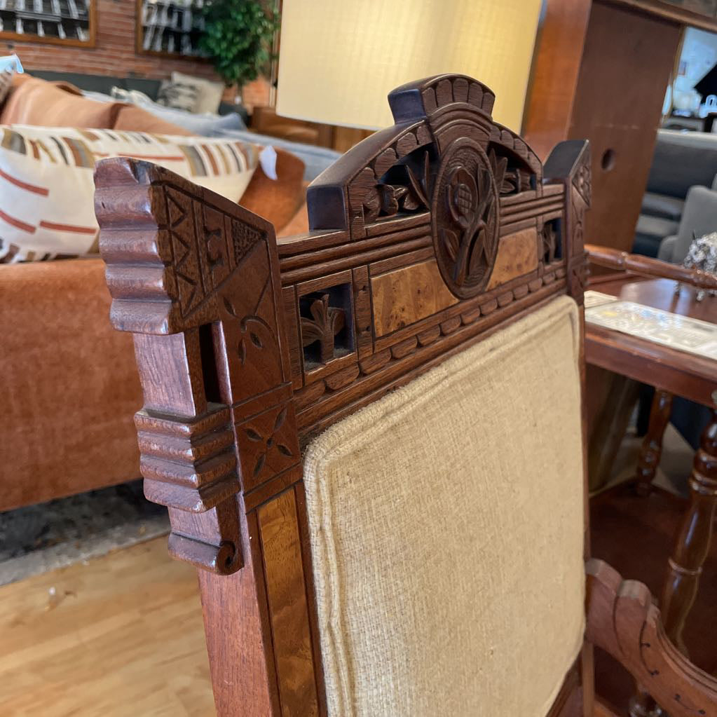 Antique Eastlake Burled Wood Accent Chair with Sand Fabric