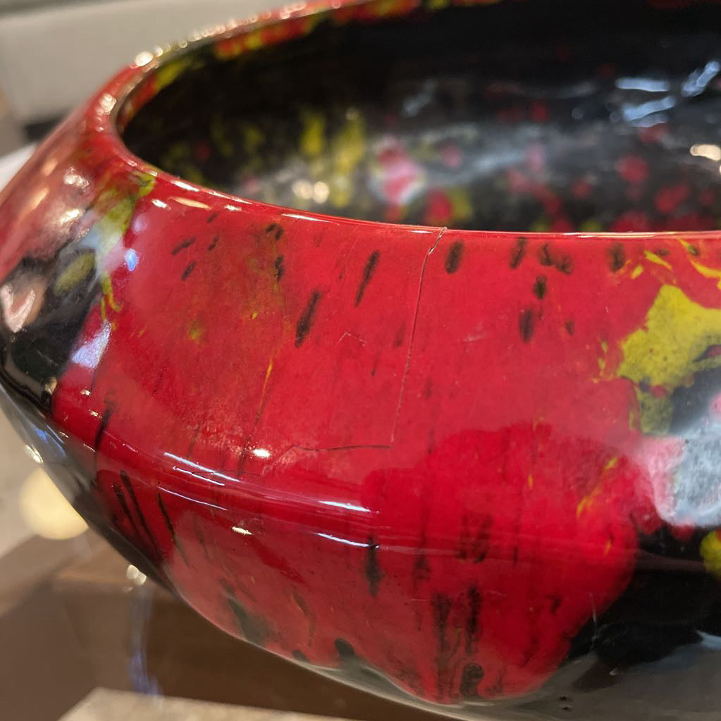 Large Speckled Pottery Bowl in Red, Yellow and Black