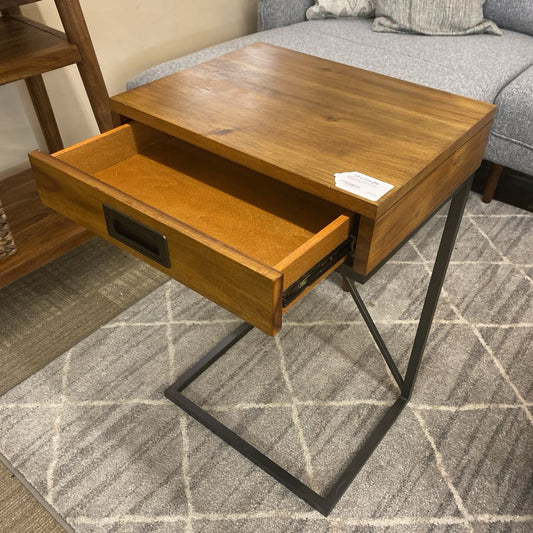 Wood Finish Metal C Table w/Drawer
