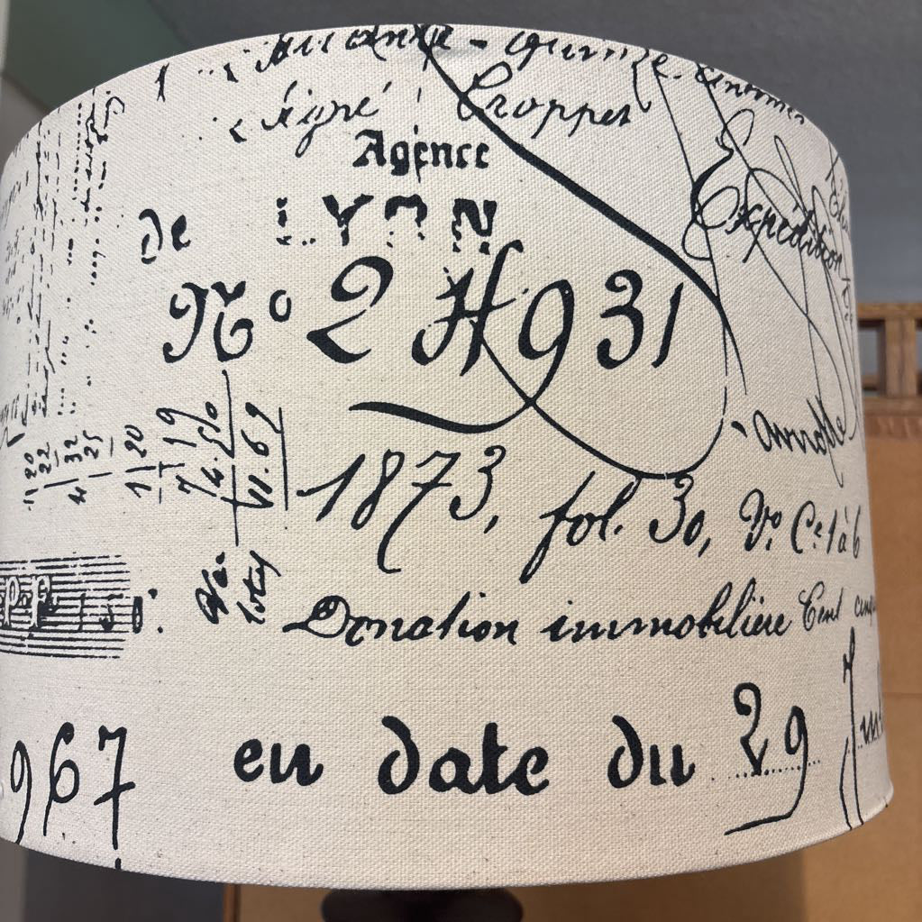 Linen Script Shade Wooden Lamp