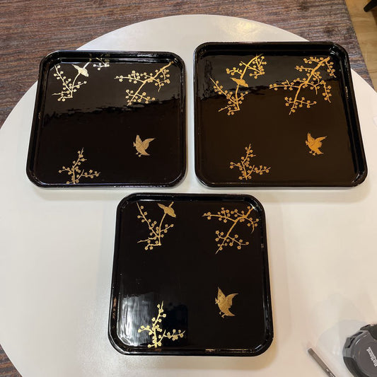 Square Black Lacquer Trays with Gold Birds SET OF 3 UNIQUE FINDS