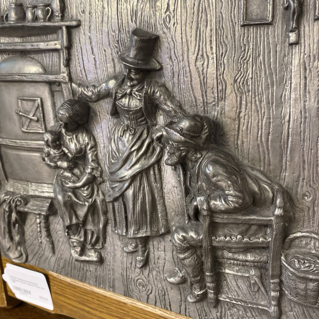 Pewter Embossed Domestic European Scene Wood Frame Art