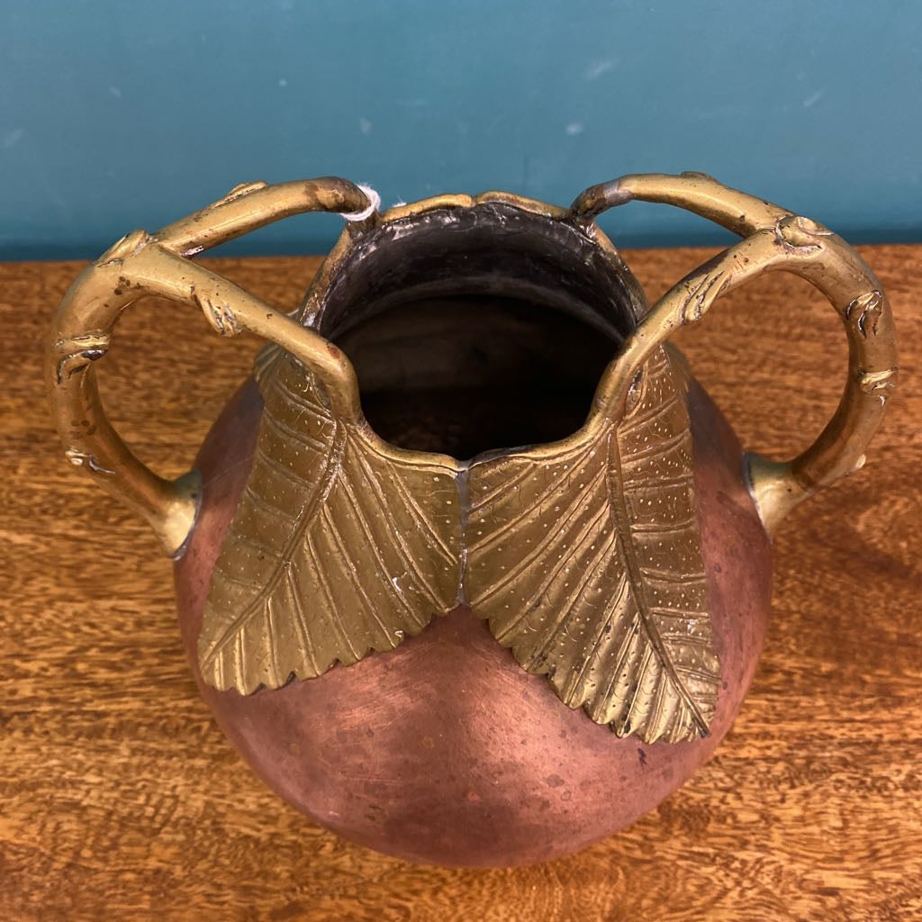 Copper Urn w/Brass Leaves Handles SMALLS