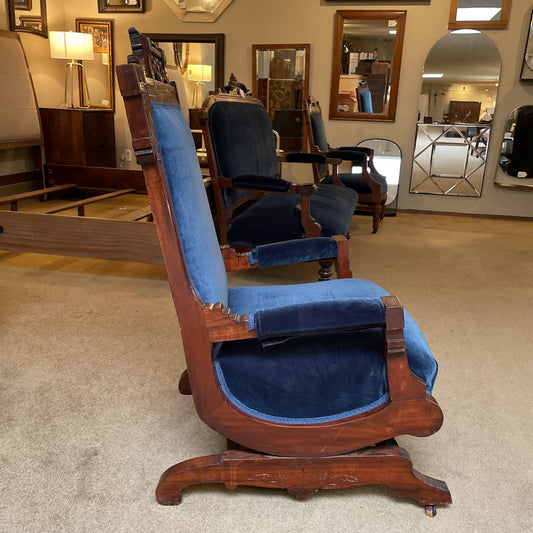 Antique Victorian Eastlake Blue Velvet Rocking Chair U ACCENT CHAIRS