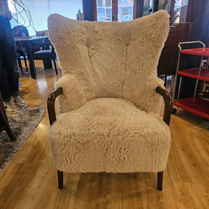 Cream Fur Dark Wood Arm Accent Chair