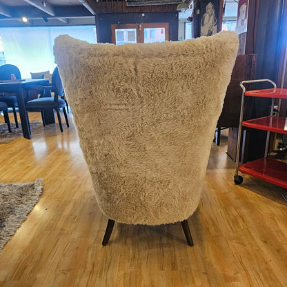 Cream Fur Dark Wood Arm Accent Chair