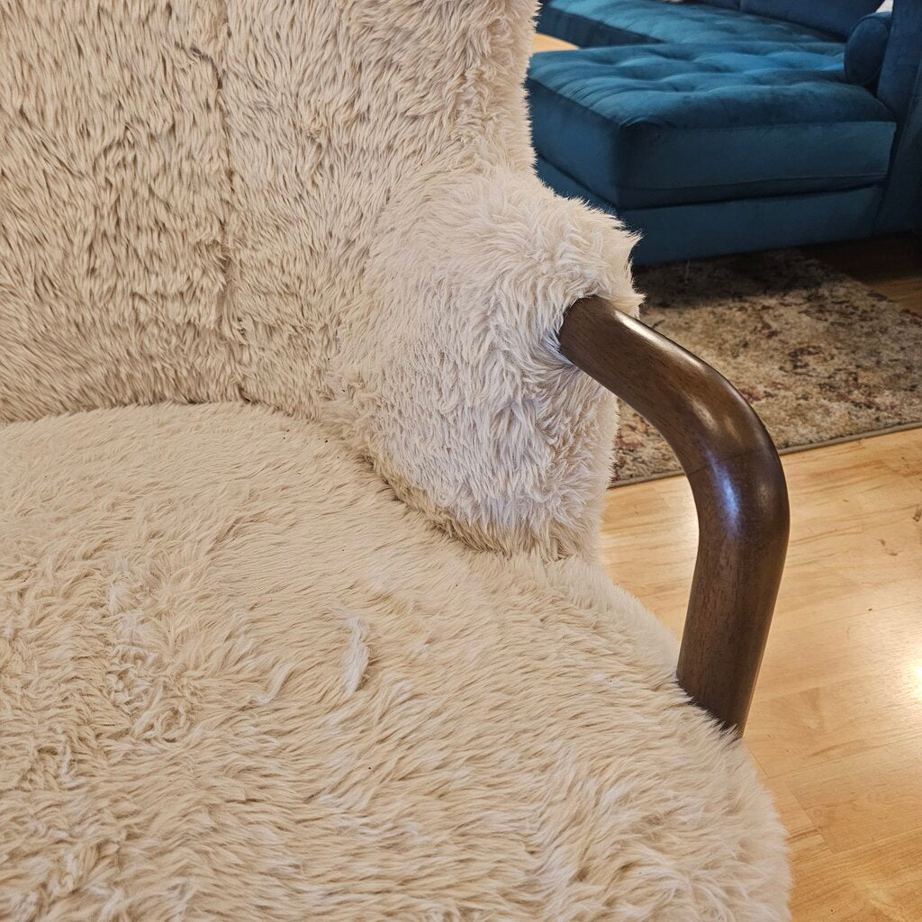 Cream Fur Dark Wood Arm Accent Chair