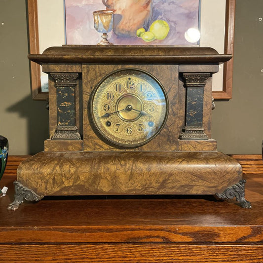 Burled Wood and Brass Mantel Clock--Works UNIQUE FINDS