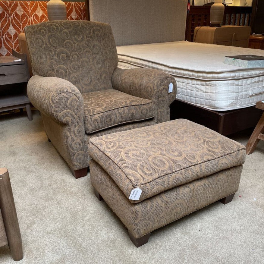 Olive Swirly Pattern Rolled Arm Accent Chair w/ Ottoman U ACCENT CHAIRS
