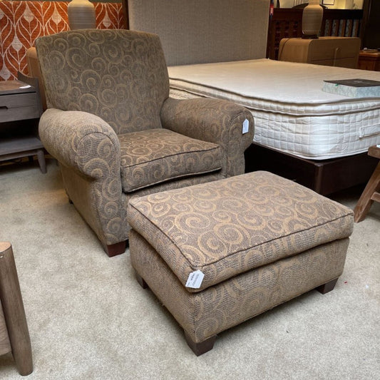 Olive Swirly Pattern Rolled Arm Accent Chair w/ Ottoman U ACCENT CHAIRS