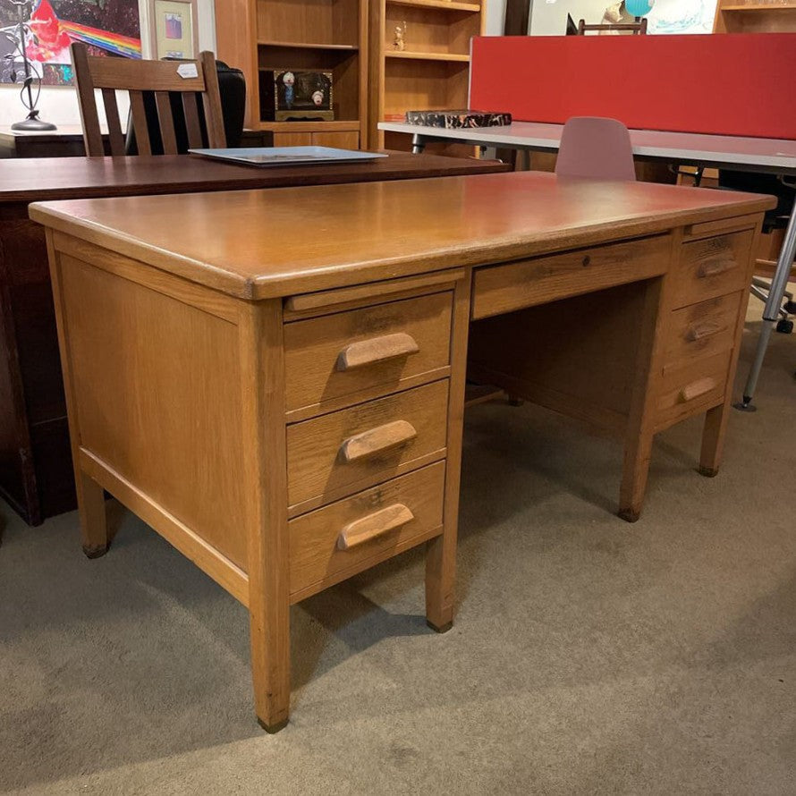 Vintage Oak Arts & Crafts 7 Drawer Desk