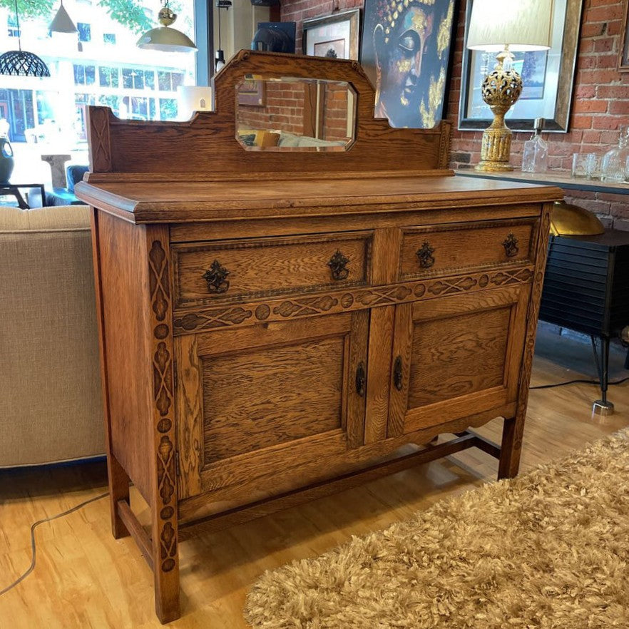Vintage Oak Buffet with Octagon Mirror