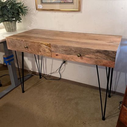 Fruitwood 2 Drawer Desk with Metal Pin Legs