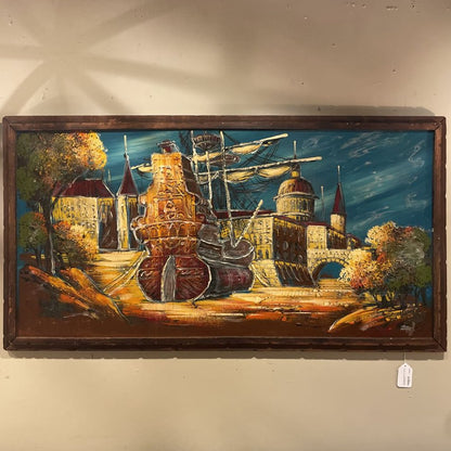 MC Galleon & Castle Art in Rustic Wood Frame