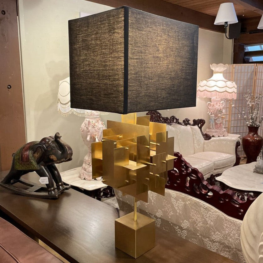 Jonathan Adler Puzzle Bronze Finish Table Lamp w Black Shade AS IS